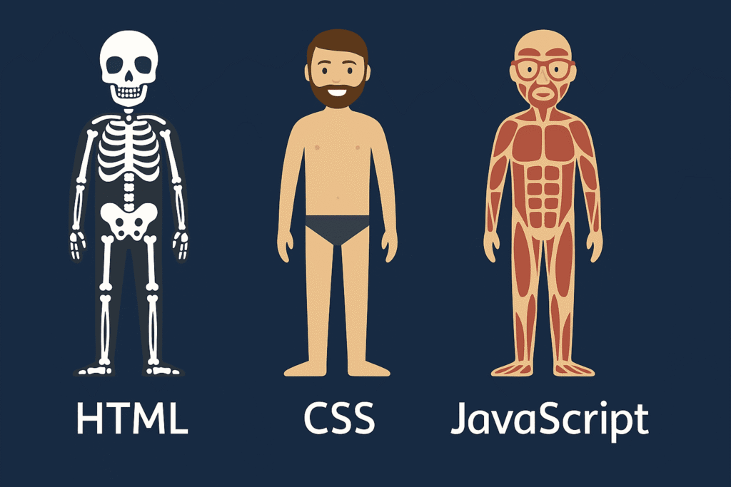 imagem ilustrando o esqueleto como html, pele e cabelo como css e musculos como javascript
